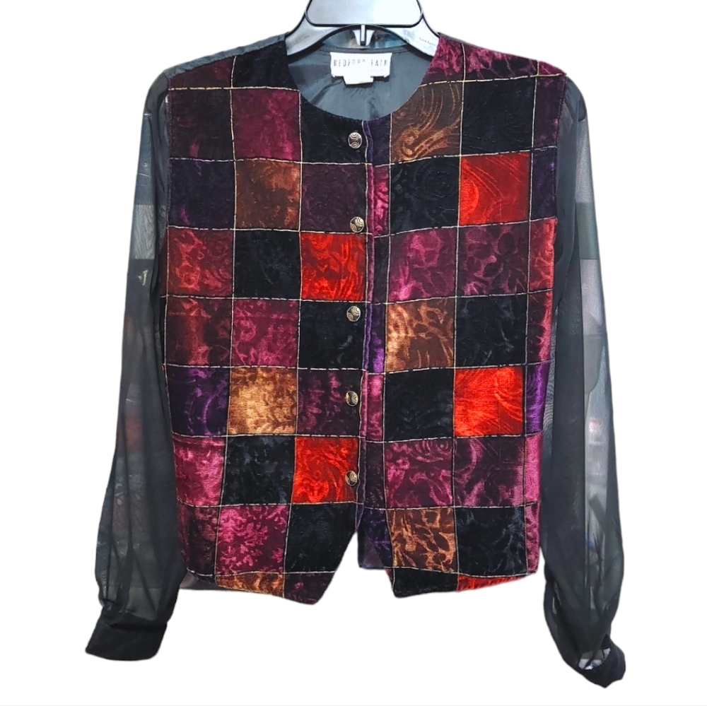 Vintage Velvet Velour Colorful Checkered Sheer Sleeve Button Top Women's Size 8p
